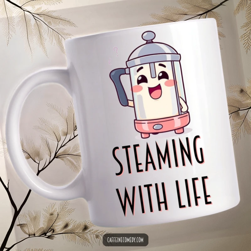 Funny French press character smiling and steaming with excitement, perfect for coffee lovers.