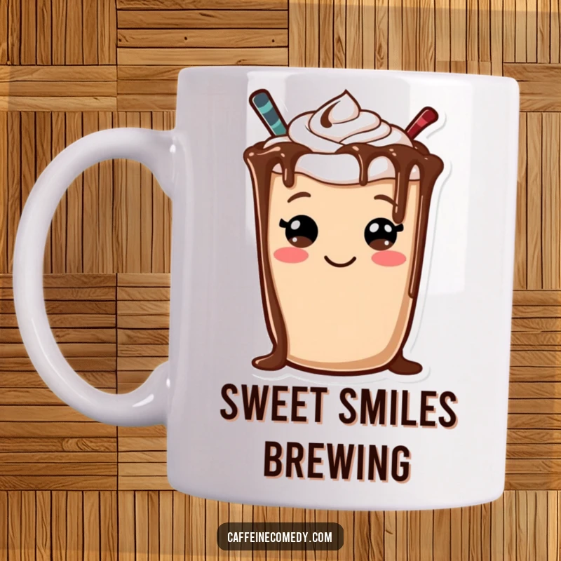 Funny coffee mug showcasing a cheerful mocha character with chocolate drizzle forming a sweet smiley face.