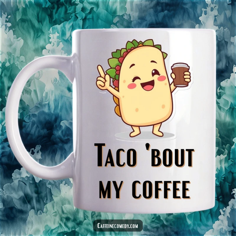 Funny smiling taco character doing a triumphant victory dance, holding a coffee cup with pure joy and celebration.