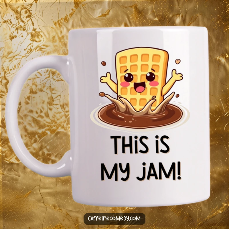 Funny, enthusiastic kawaii waffle joyfully splashing in a pool of coffee, depicted on a vibrant mug.