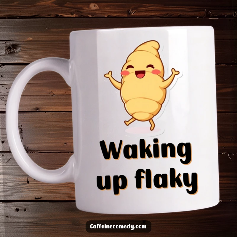 A delighted, anthropomorphic croissant character doing a joyful little dance, radiating pure happiness.