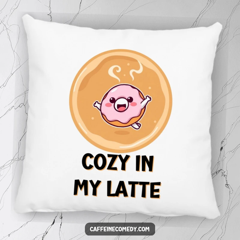 Funny pillow featuring a smiling kawaii donut character leaping into a steaming latte, perfect for adding comfort and sweet, humorous decor.