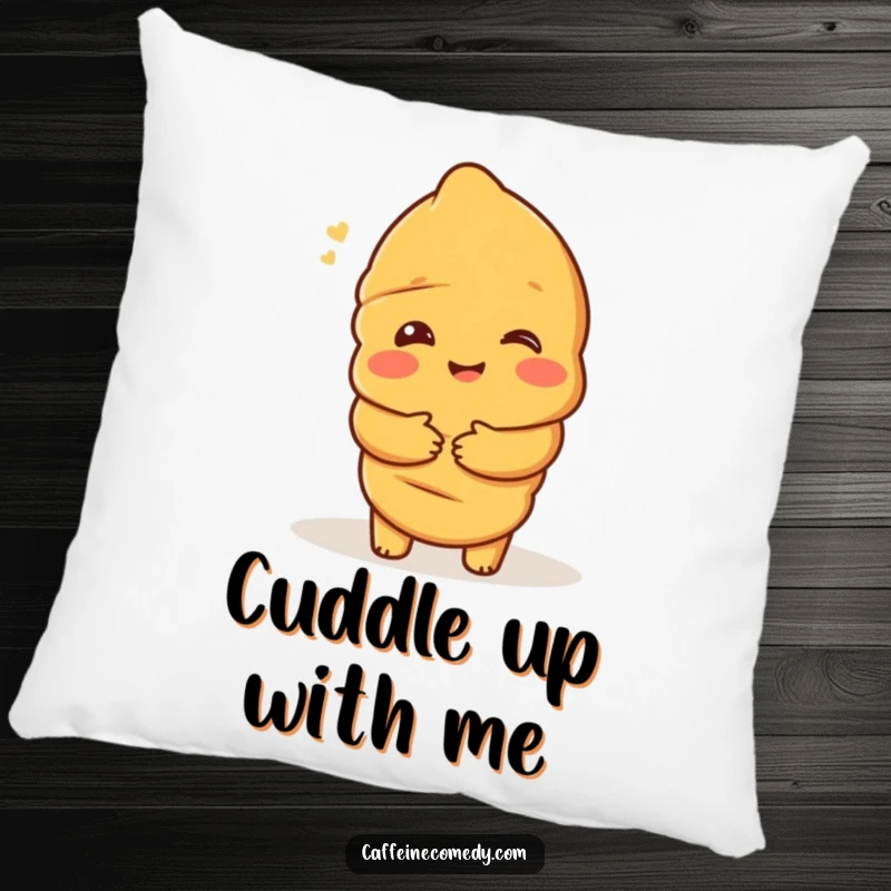 Funny pillow featuring a delighted croissant character offering a warm hug, providing cozy comfort and a sweet, pastry-themed touch.