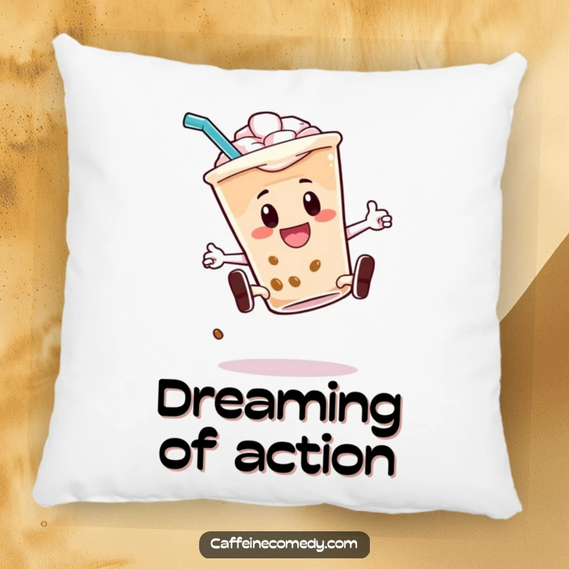 Funny pillow featuring an energetic iced coffee character doing a kickflip with its straw, adding comfort and cool vibes.