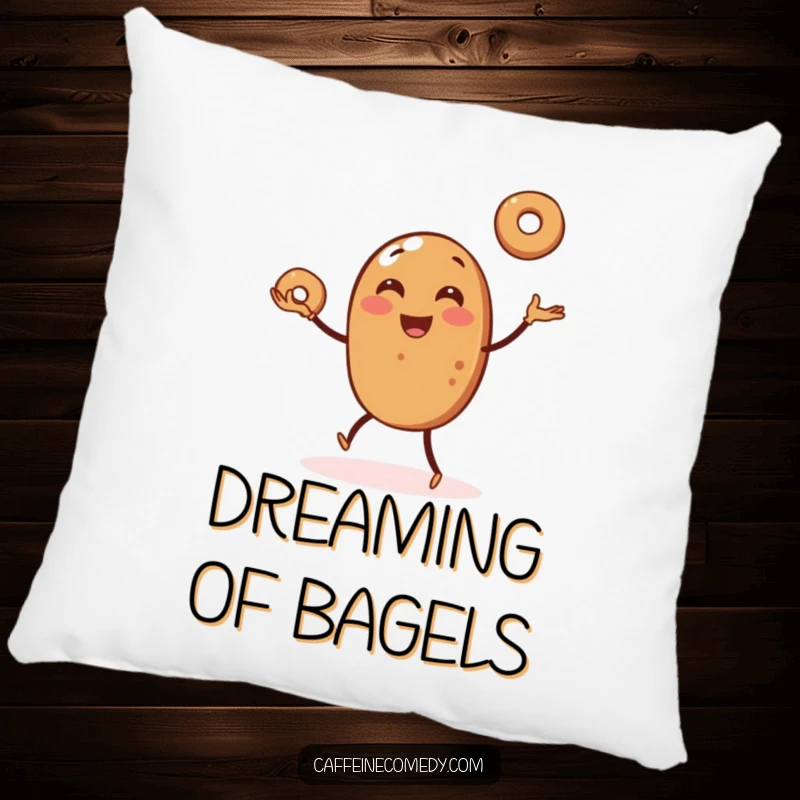 Funny pillow showcasing a happy coffee bean effortlessly juggling tiny bagels, adding a colorful and humorous touch to any seating.