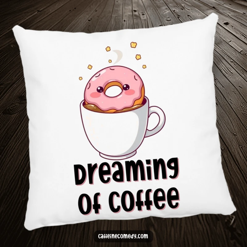 Funny kawaii doughnut floating in coffee, soft pillow, cozy decoration, sweet and humorous accent, cute dessert character.