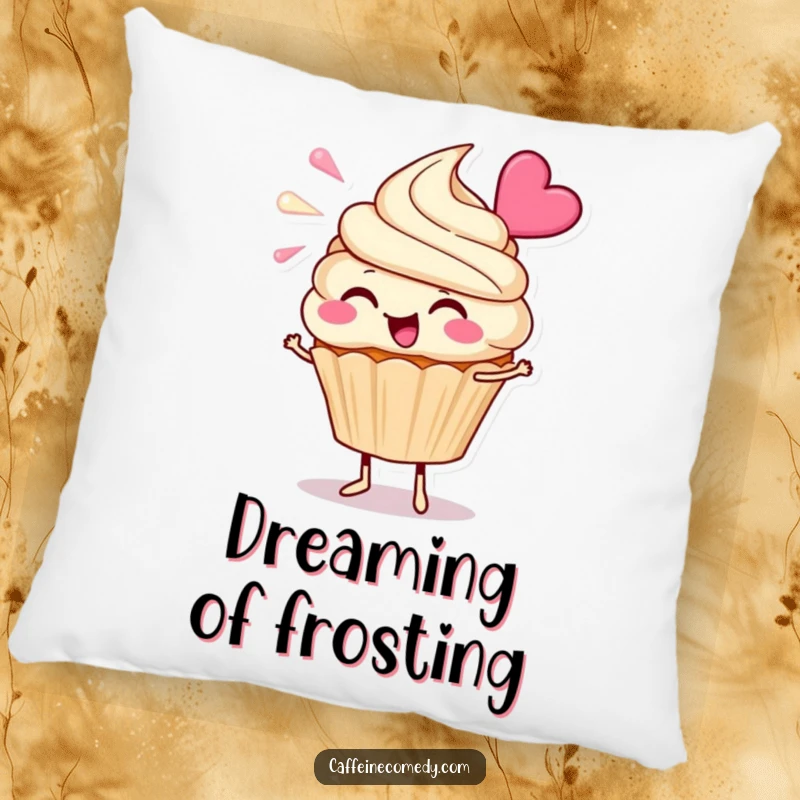Funny Cupcake Pillow: A cheerful cupcake character blowing frosting happily, offering comfort and a touch of sweetness.