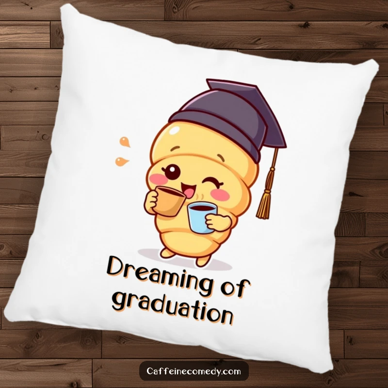 Funny delighted croissant character wearing a graduation cap, sipping coffee, on a soft and plush pillow.