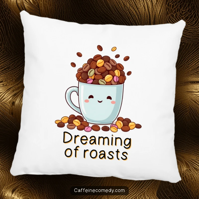 Funny pillow design of a happy mug overflowing with colorful coffee beans, adding a cozy touch to any room.