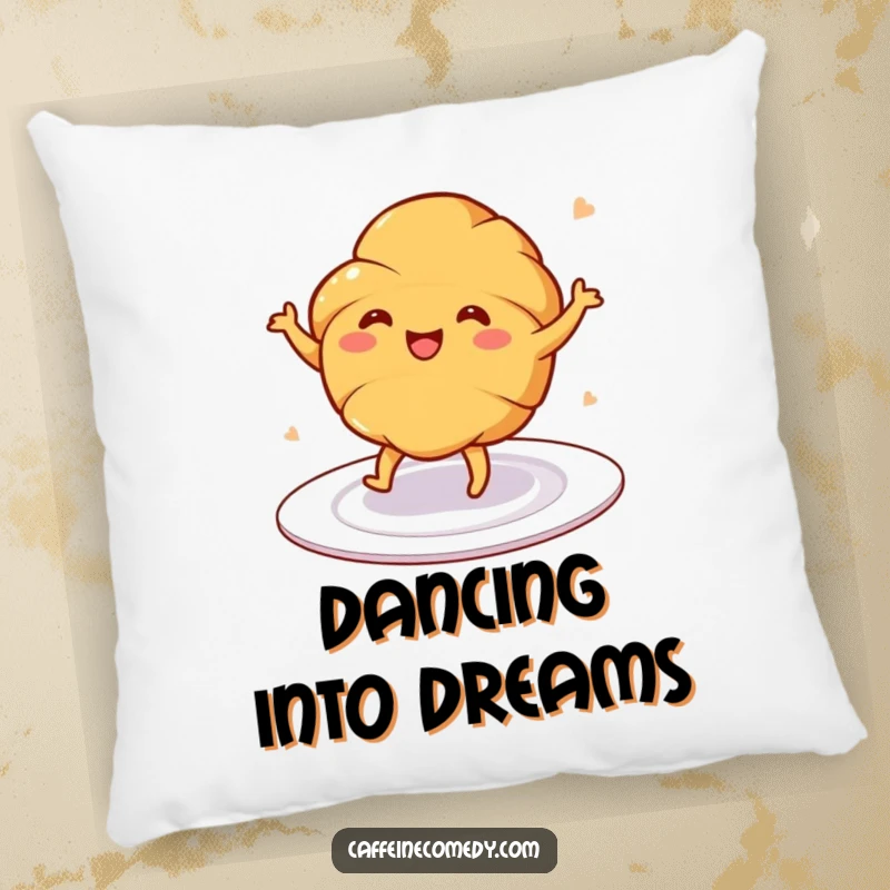 Funny pillow showing a cheerful croissant doing a happy dance on a plate, perfect for cozying up.