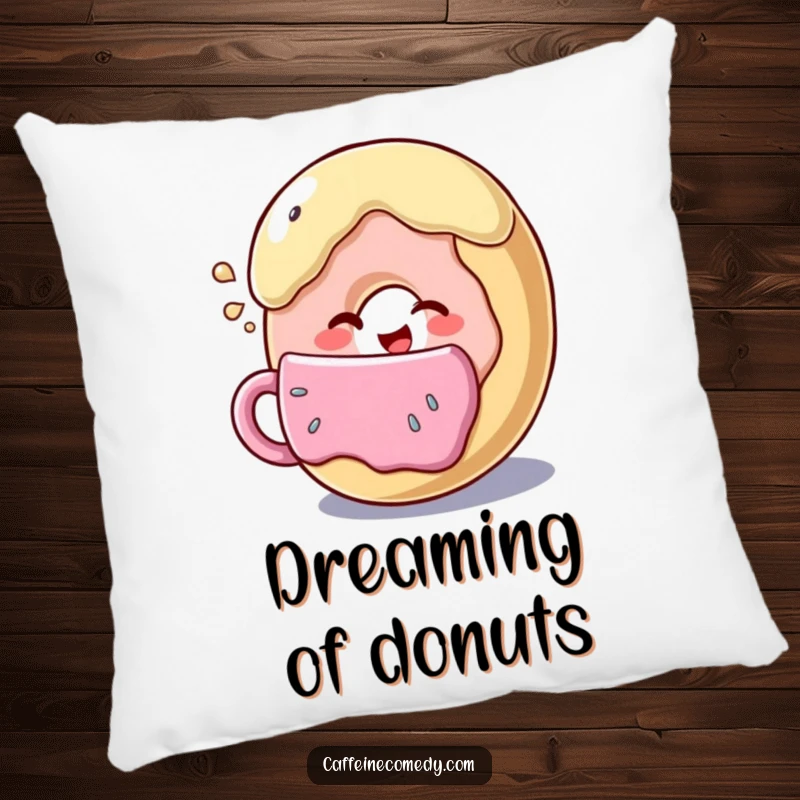 Funny donut character winking while sipping a large coffee cup, soft and plush pillow for ultimate comfort and cheer.