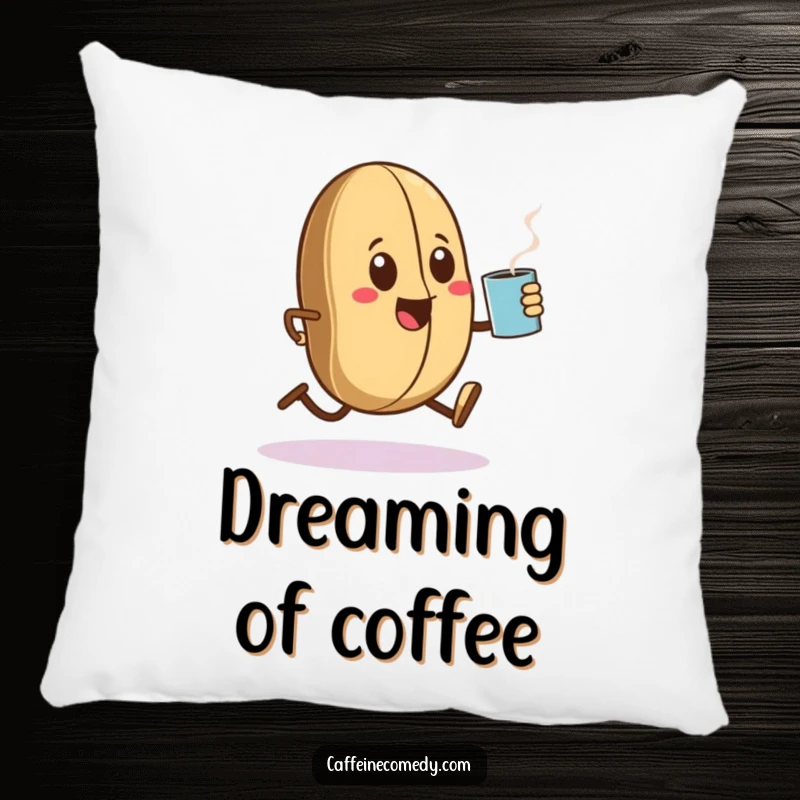Funny Kawaii coffee bean character sprinting with a steaming mug, stitched onto a soft, plush pillow for ultimate comfort.