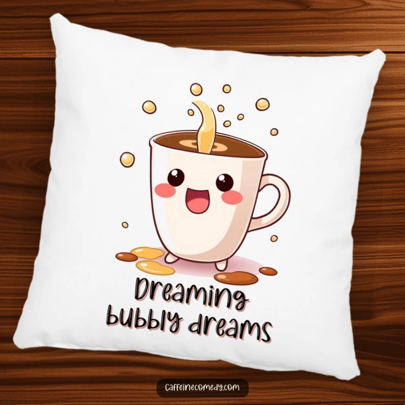 Funny pillow featuring a cute Kawaii coffee cup character excitedly pouring bubbly liquid, offering comfortable support and humorous decor.