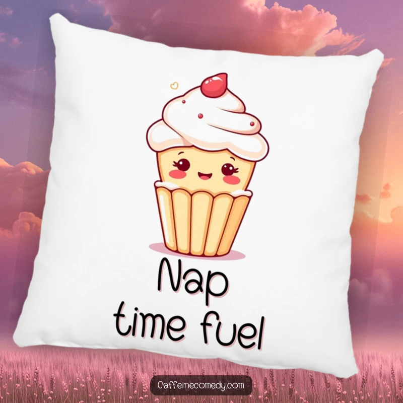 Funny kawaii cupcake character giving a cheerful wink from a mug of foamy coffee, on a soft decorative pillow.