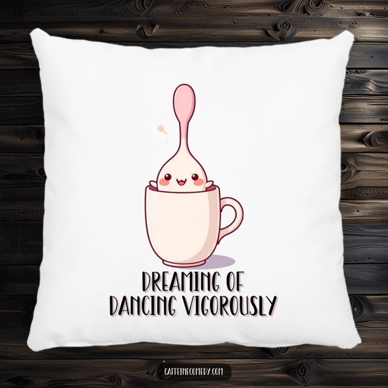 Funny kawaii stirring spoon character dancing joyfully inside a mug, depicted on a soft decorative pillow for ultimate comfort and humor.