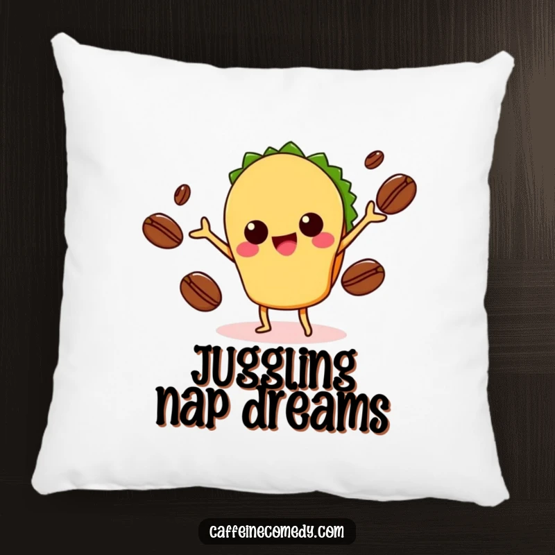 Funny Kawaii Taco Juggling Coffee Pillow: Soft decorative pillow with a cute taco juggling coffee beans, offering comfort and humor. A unique funny gift.
