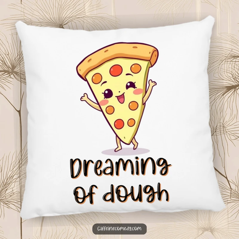 Funny Pizza Pillow: A gleeful pizza slice character spinning with joy, offering comfort and a funny accent.