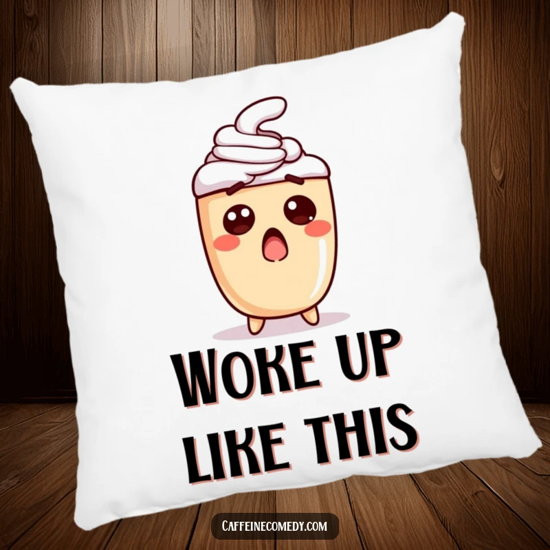 Funny pillow featuring a shocked latte character, providing comfort and a humorous, coffee-themed aesthetic for sofas and beds.