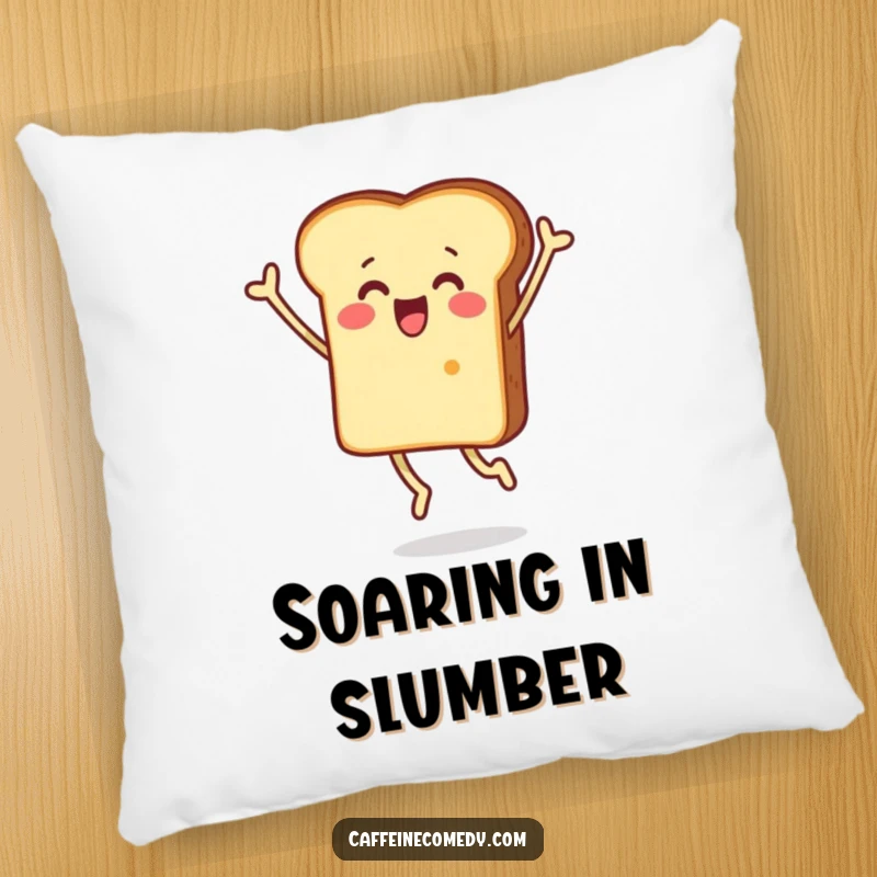 Funny pillow featuring a surprised piece of toast character jumping happily, providing comfort and a sweet, cheerful vibe.