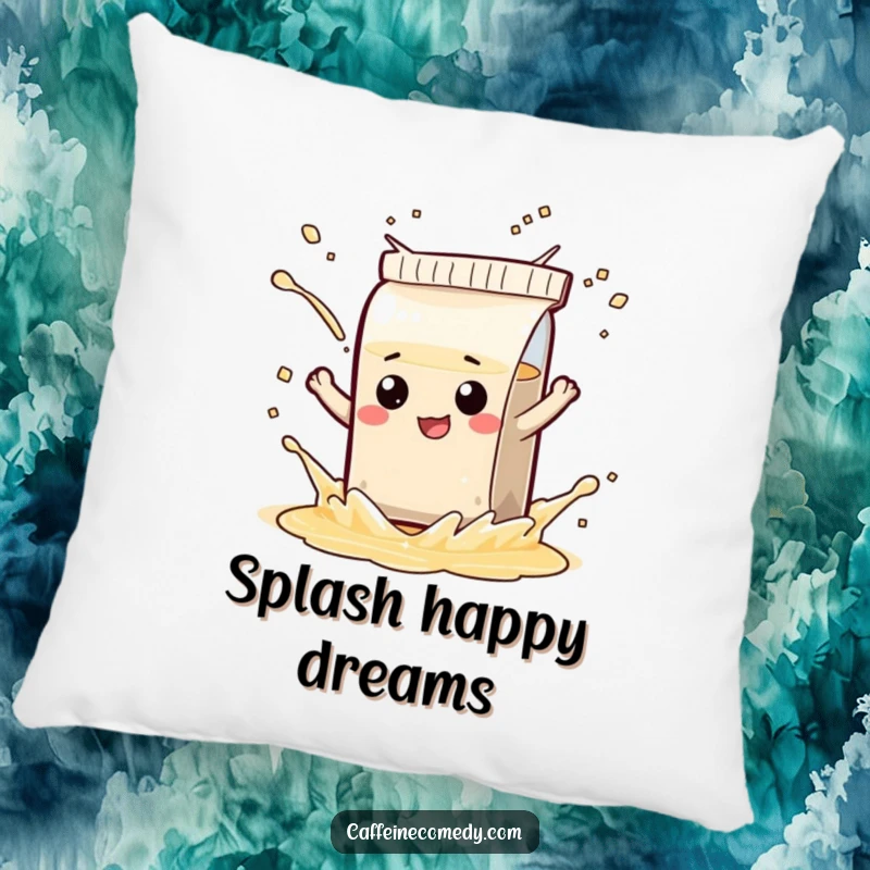 Funny pillow featuring a mischievous tea bag character playfully splashing, providing comfortable seating and humorous decor.