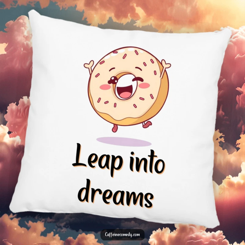 Funny delighted donut character in a joyful leap with sprinkles, featured on a soft and decorative pillow.