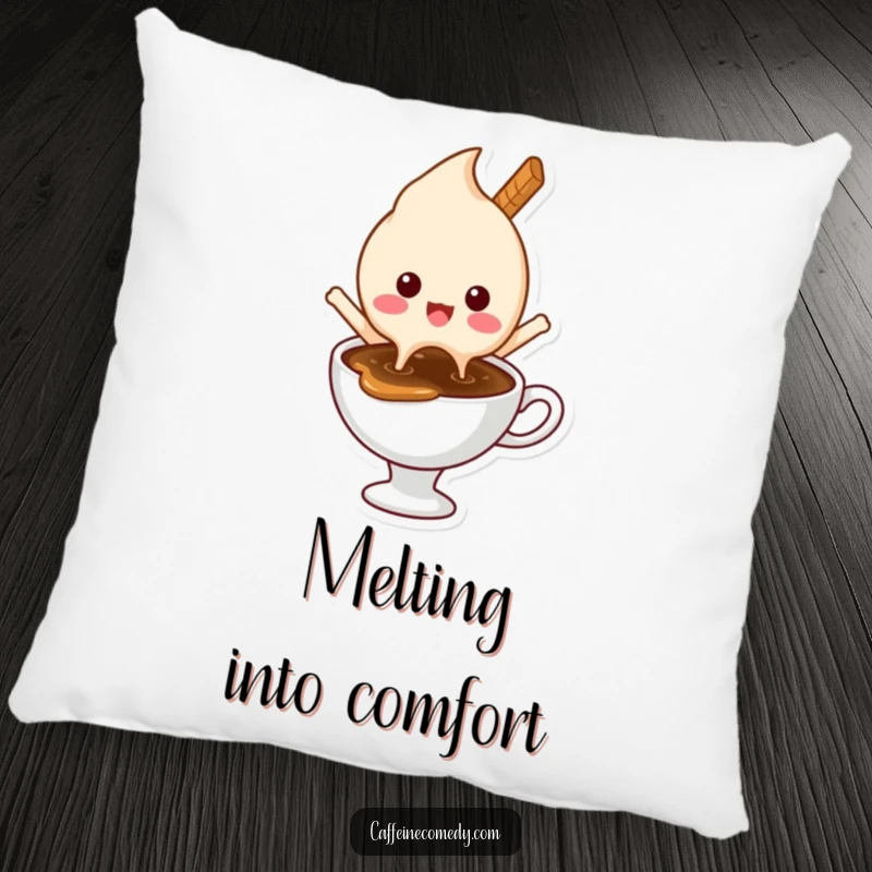 Funny pillow featuring a delighted ice cream character melting happily into a hot coffee, offering plush comfort and sweet humor.