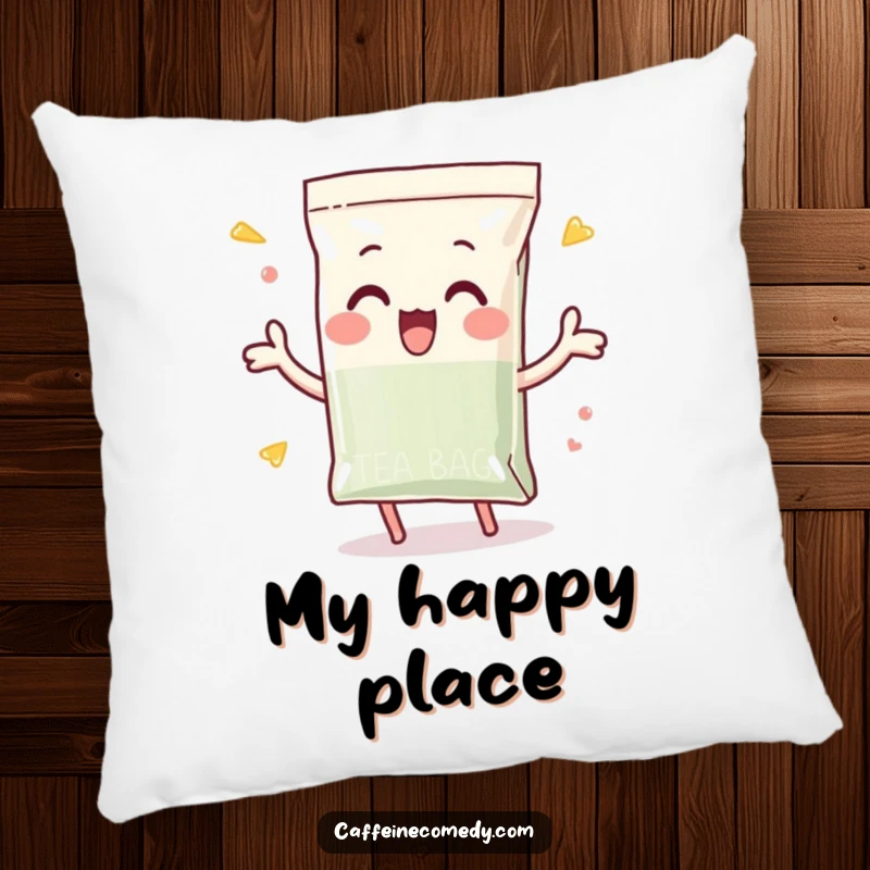 Funny pillow featuring a playful tea bag character enthusiastically dunking itself, offering cozy comfort and a touch of tea-time fun.