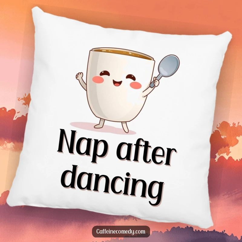 Funny coffee mug character dancing with a spoon, soft and decorative pillow.