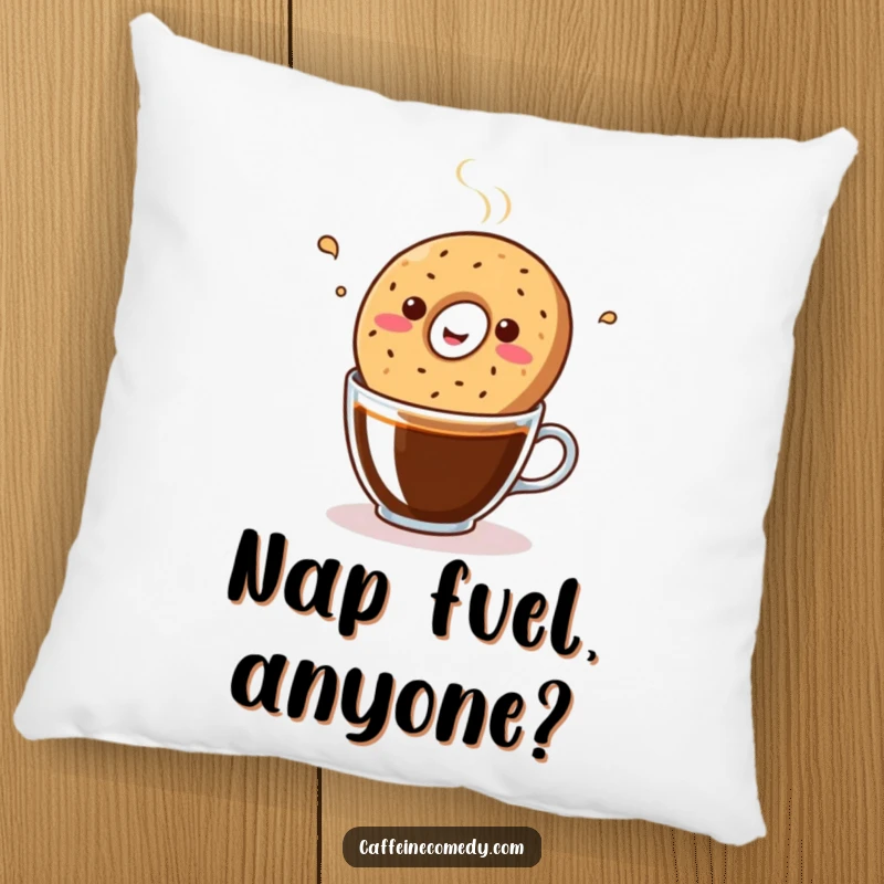 Funny kawaii bagel energetically dancing in a coffee mug, printed on a soft, comfortable pillow for ultimate relaxation.