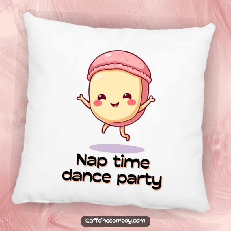 Funny Macaron Pillow: A playful macaron character dancing joyfully, offering comfort and a touch of humor.