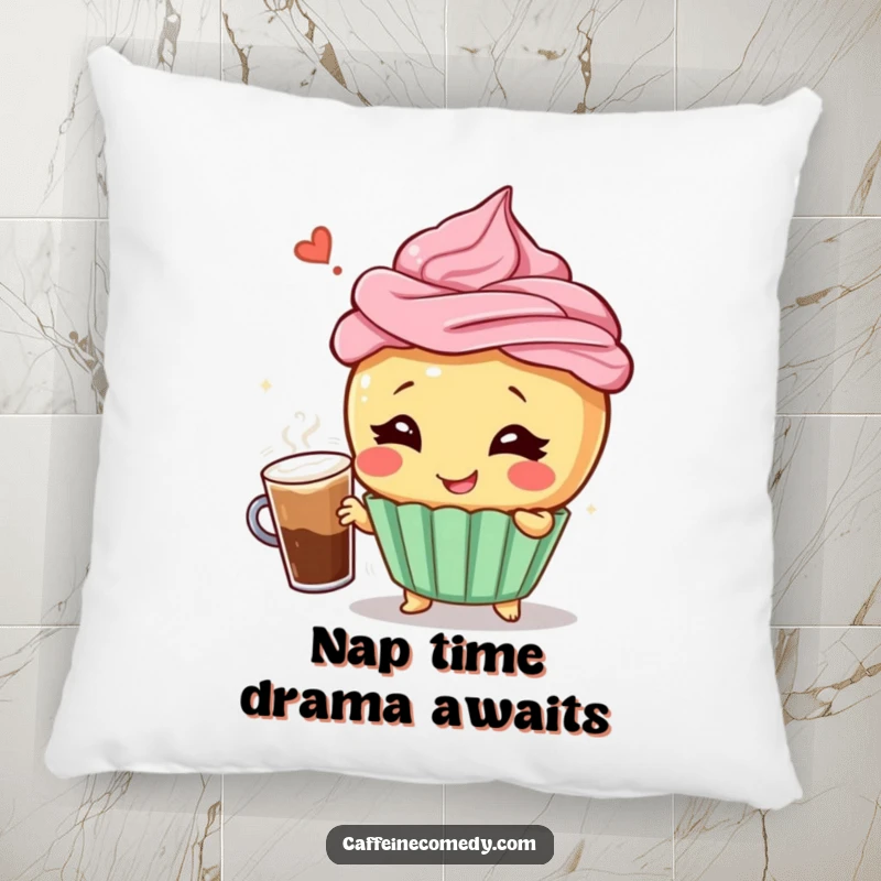Funny pillow with a giggling cupcake character striking a dramatic pose with a frothy coffee, offering plush comfort and humorous appeal.