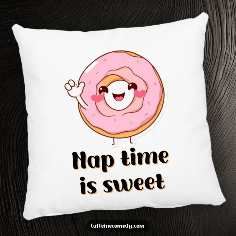 Funny Donut Pillow: A soft and cuddly pillow featuring a smiling donut character offering a sugary wave, providing comfort and humor.