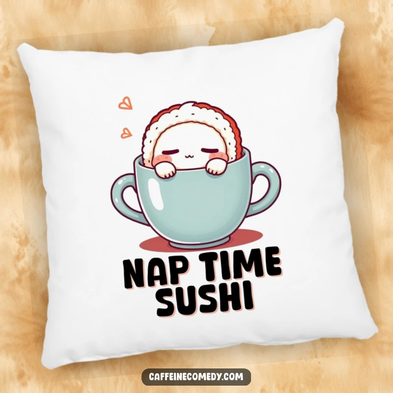 Funny Kawaii Sushi Coffee Pillow: Soft decorative pillow with a cute sushi character sleeping in a coffee mug, offering comfort and humor. A unique funny gift.