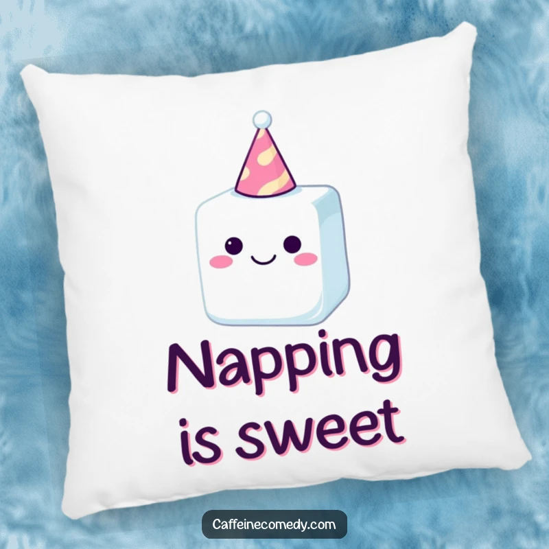 Funny, happy sugar cube wearing a party hat, creating a comfy and humorous accent pillow for any room.