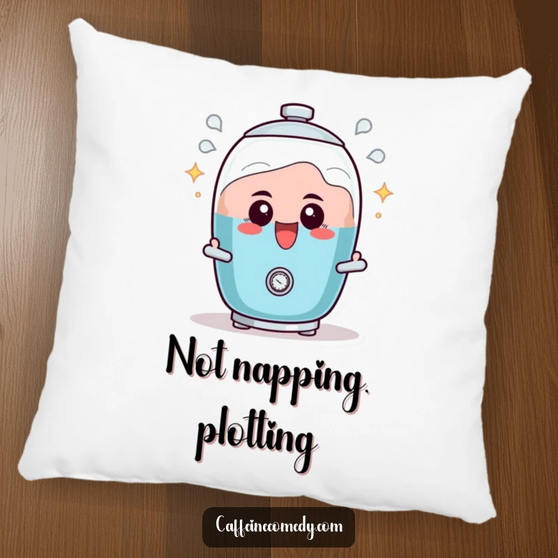 Funny pillow depicting a determined percolator character, actively bubbling with excitement and perfect for coffee nook decor.