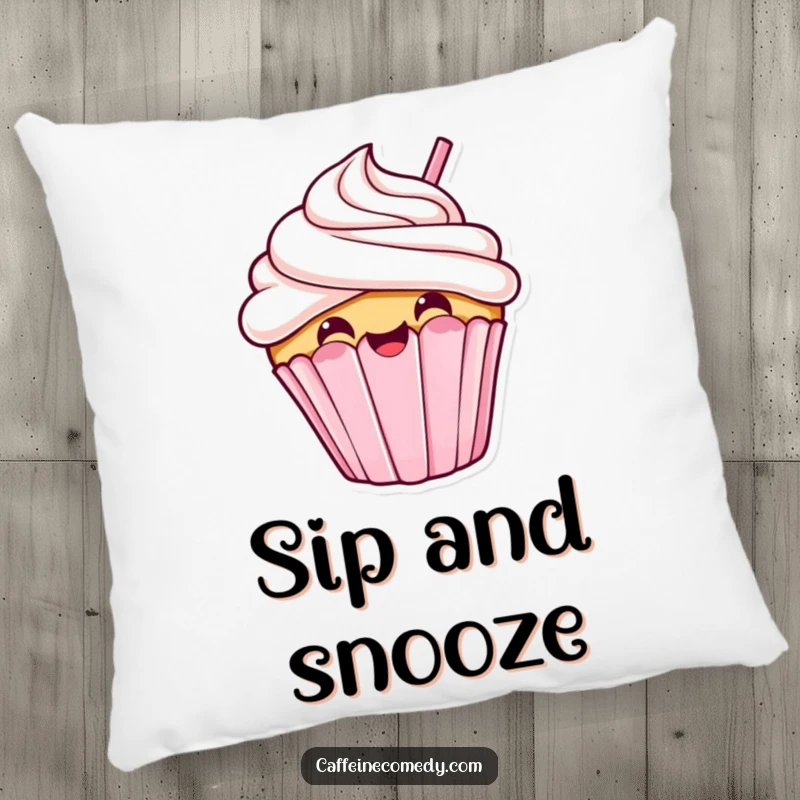 Funny kawaii cupcake sipping happily, soft pillow, cozy decoration, sweet and humorous accent, cute dessert character.