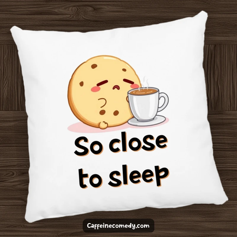 Funny Kawaii Cookie Sleepy Pillow: A sleepy cookie character yawns next to espresso, offering soft comfort and morning humor.