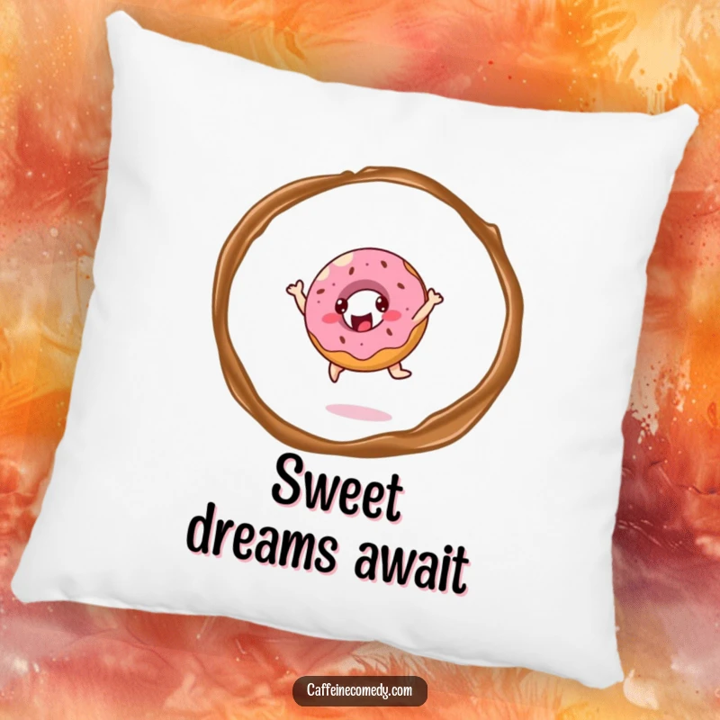 Funny cheerful donut character joyfully leaping through coffee steam, designed for maximum comfort on a plush pillow.