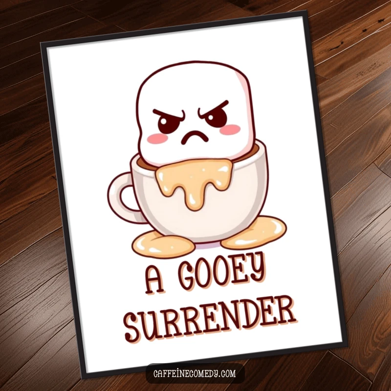 Funny grumpy kawaii marshmallow melting with a sigh into hot chocolate, offered as a downloadable digital art print.