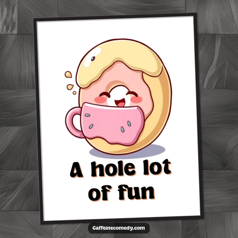Funny donut character winking with a giant coffee cup, high-resolution digital art for vibrant and playful home decor.