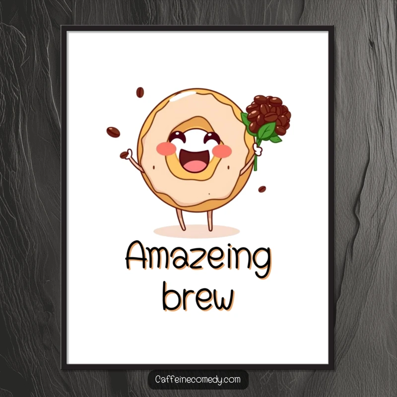 Funny donut hole character presents a bouquet of coffee beans, high-quality digital download for walls.