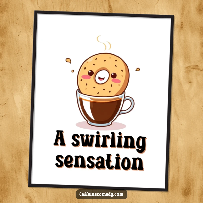 Funny, vibrant kawaii bagel joyfully bopping in a coffee cup, offered as a downloadable digital art print for decor.