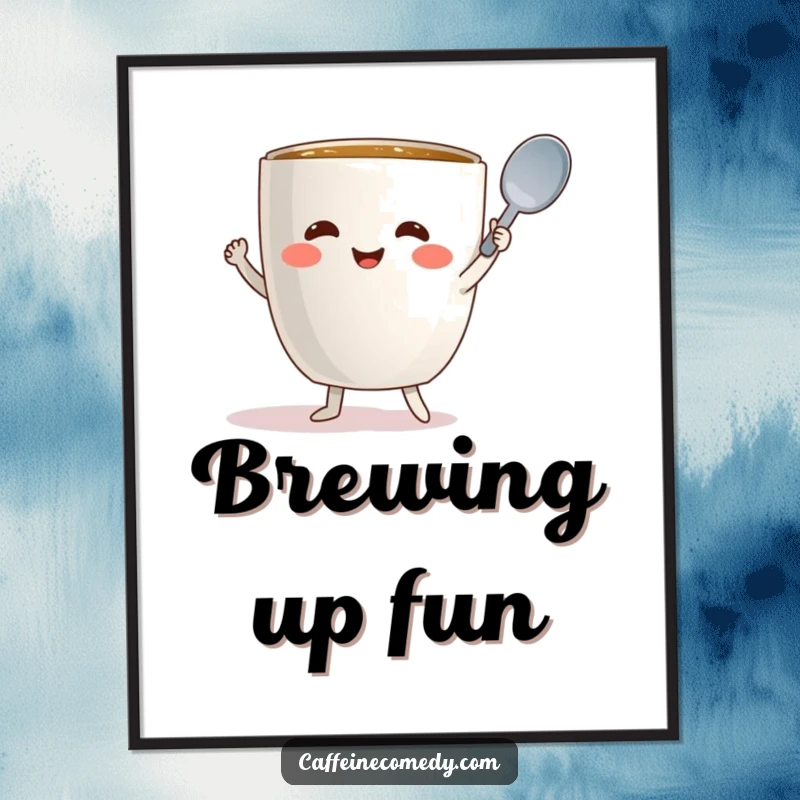 Funny coffee mug character dancing joyfully with a spoon, high-res digital download art.