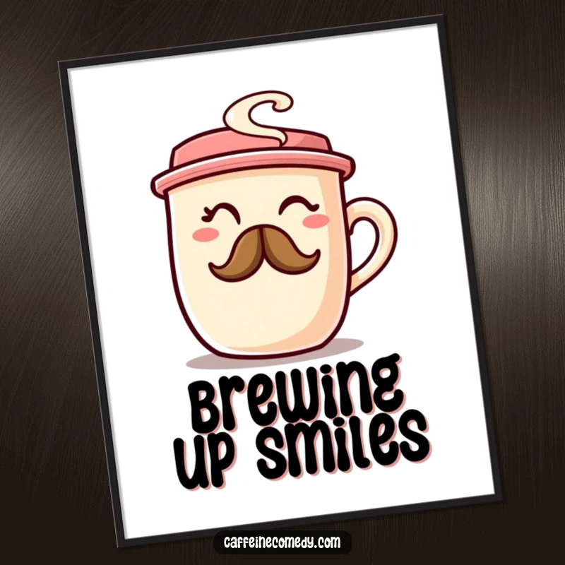 A chubby coffee cup character winking with a coffee steam mustache, a digital art print full of morning humor.