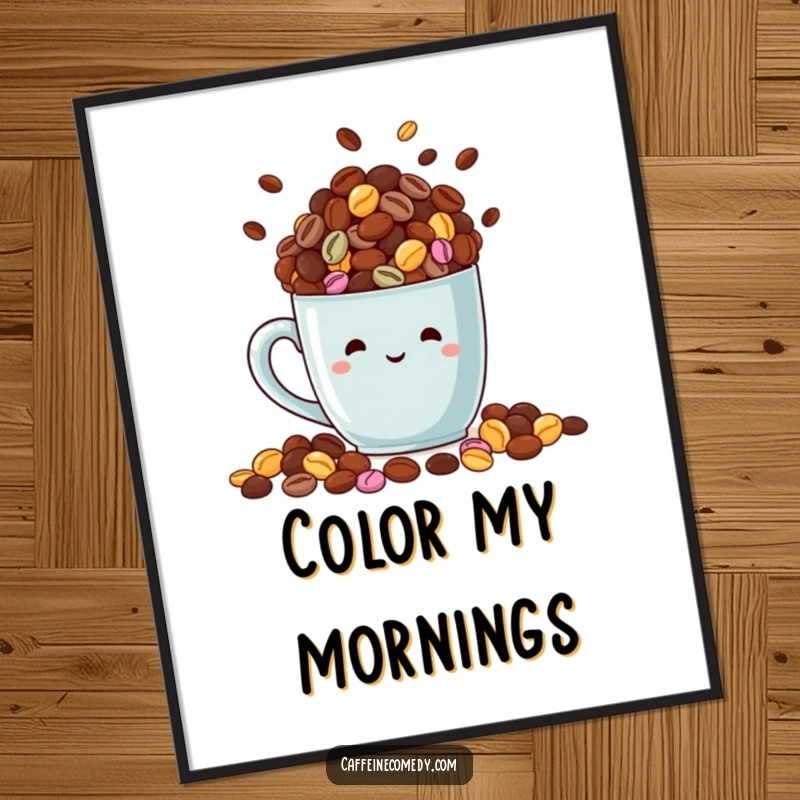 Funny digital art of a beaming mug overflowing with colorful coffee beans, creating a warm and inviting atmosphere.