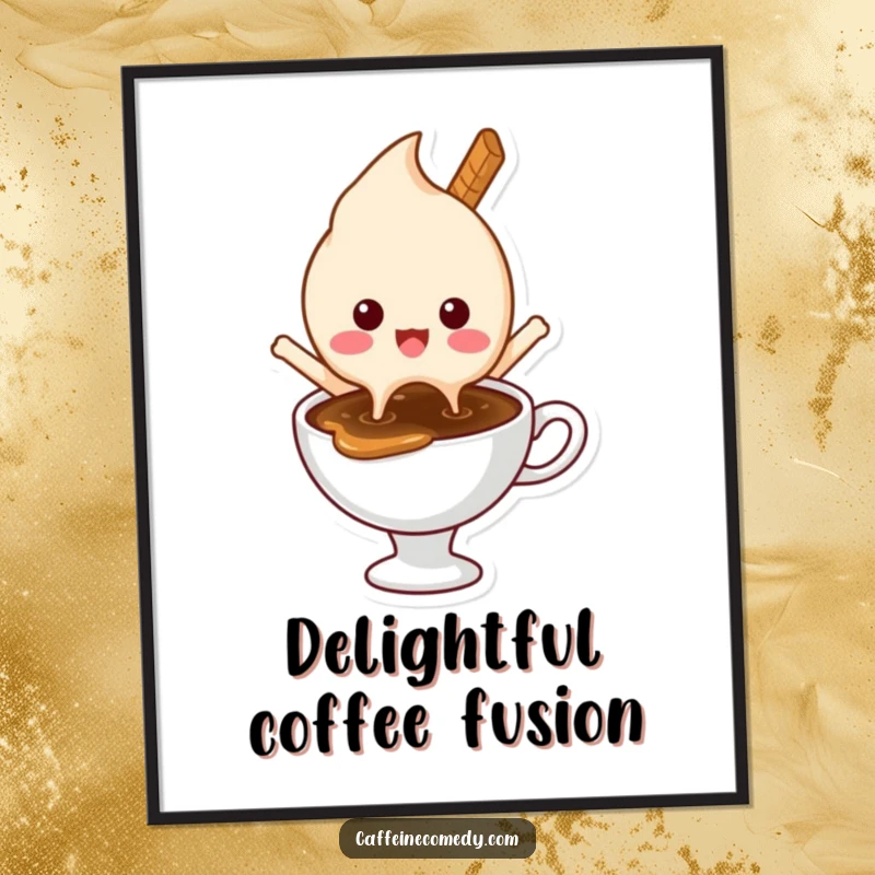 Funny digital art print of a delighted ice cream character melting happily into a hot coffee, offering instant sweet humorous decor.