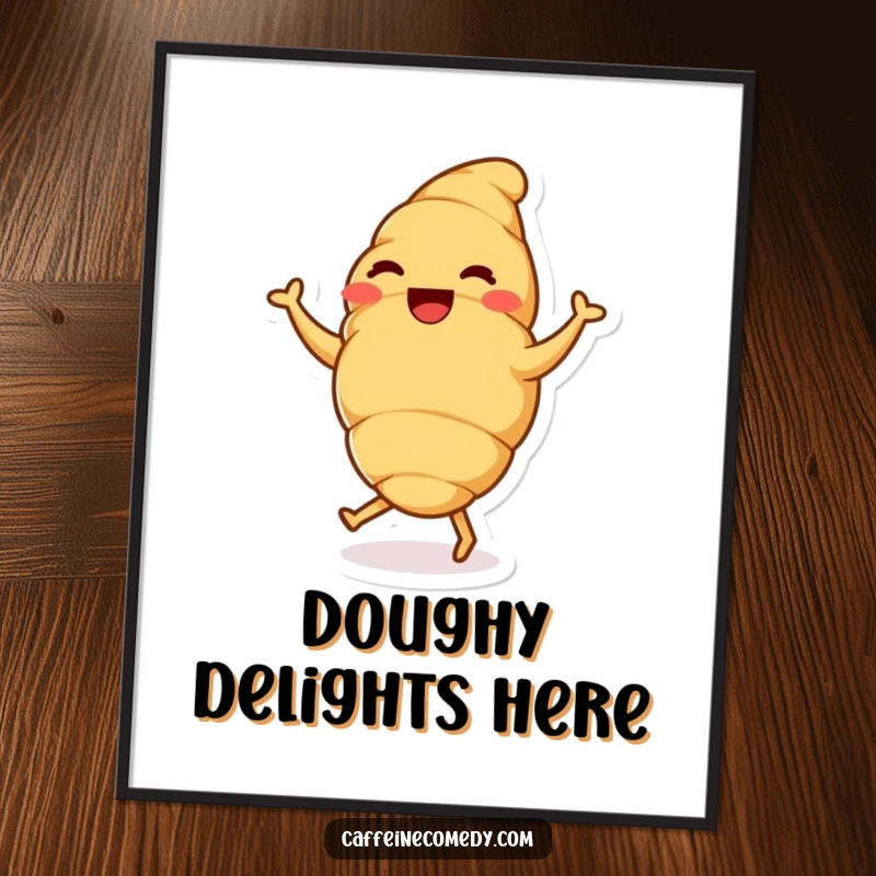 A delighted croissant character doing a happy dance, a digital art print full of pure joy and sweetness.