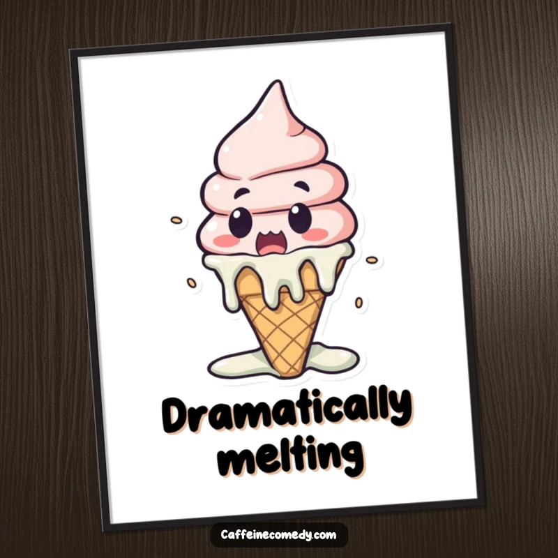 Funny Kawaii Ice Cream Melting Digital Art Print: A surprised ice cream cone melts dramatically, perfect for instant humorous decor.