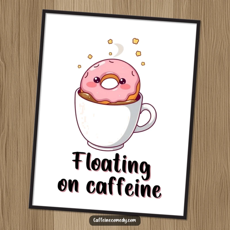 Funny kawaii smiling doughnut floating in coffee, downloadable art print, sweet wall decor, humorous digital art, cute dessert.