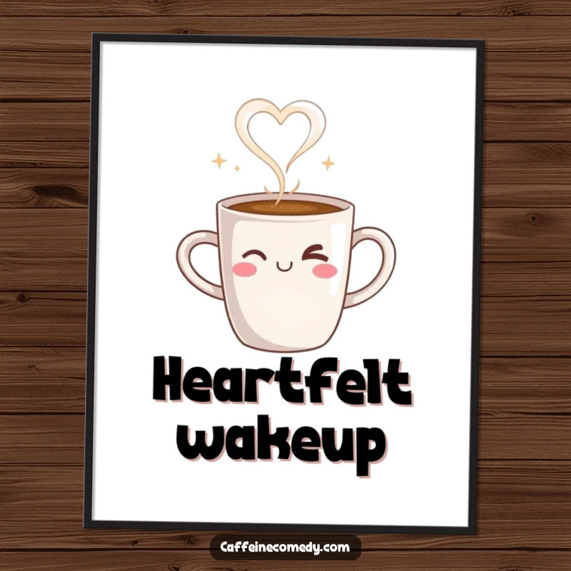 Funny digital art print of a steaming coffee mug character winking, with steam forming a heart, perfect for cozy decor.